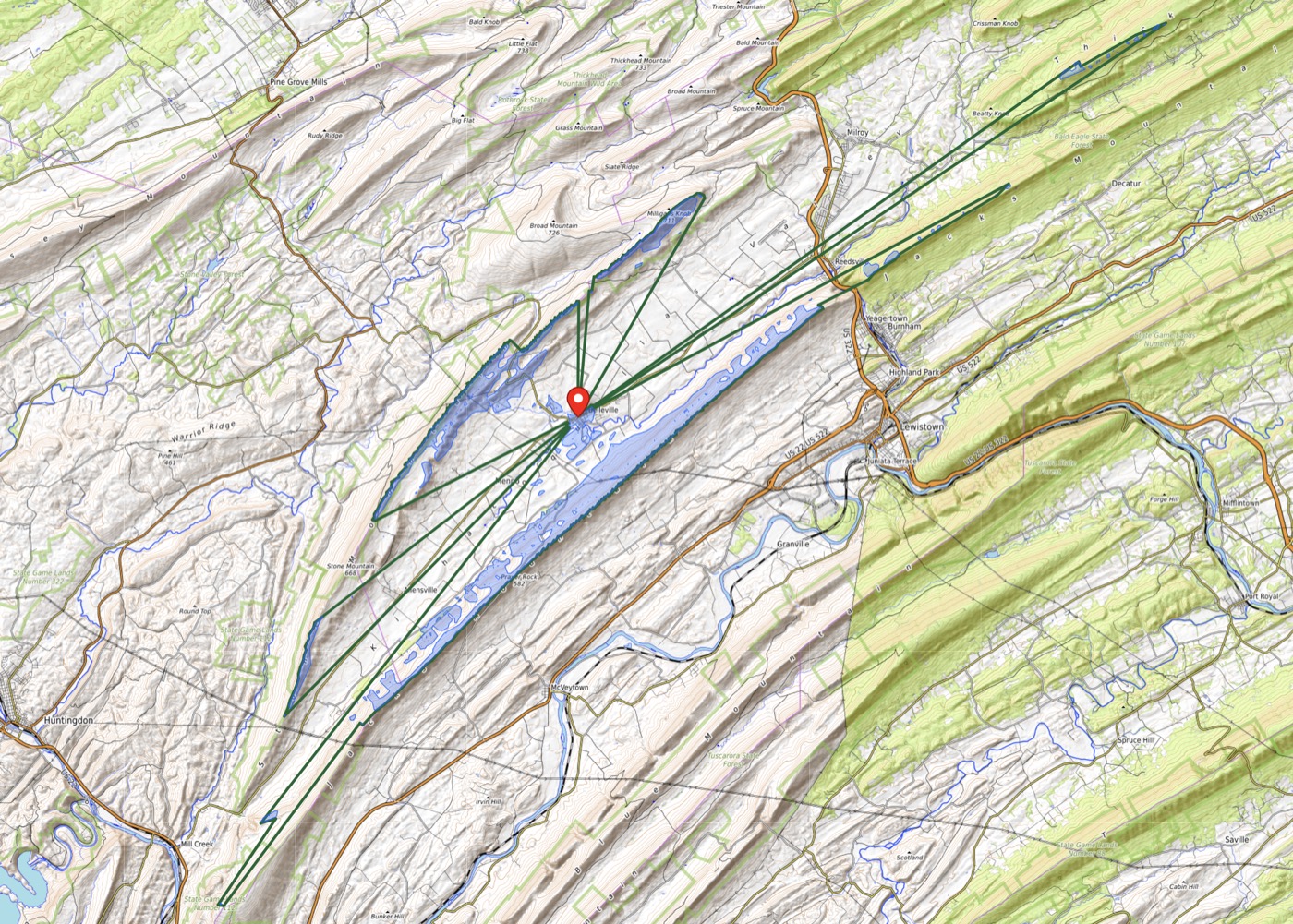 UpToWhere viewshed from a Big Valley, Pennsylvania launch point, showing visible airspace along the valley floor and terrain shadows behind the parallel ridges