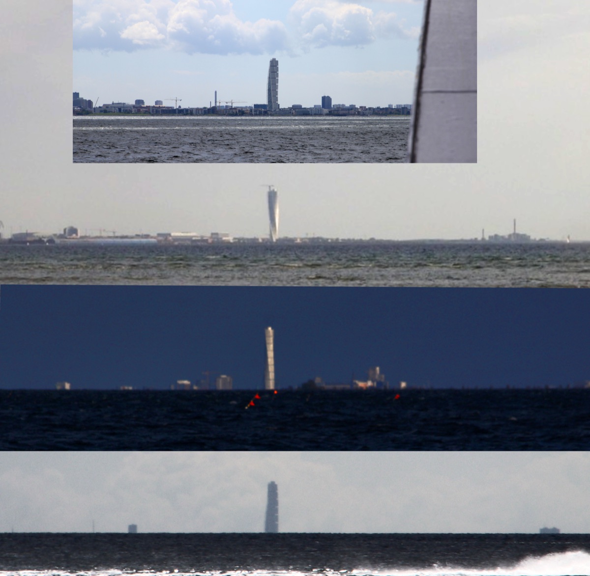 Four photographs of Malmö's Turning Torso from increasing distances across the Öresund, the tower sinking progressively below the sea horizon