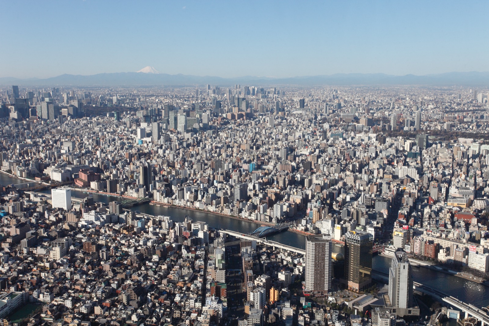 Mount Fuji's snow-capped peak visible on the horizon above the dense Tokyo skyline, seen from Tokyo Skytree
