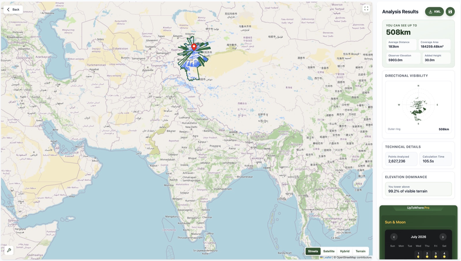 UpToWhere 360° viewshed result from Pik Dankova showing a 508 km computed sightline reaching the Kunlun ranges