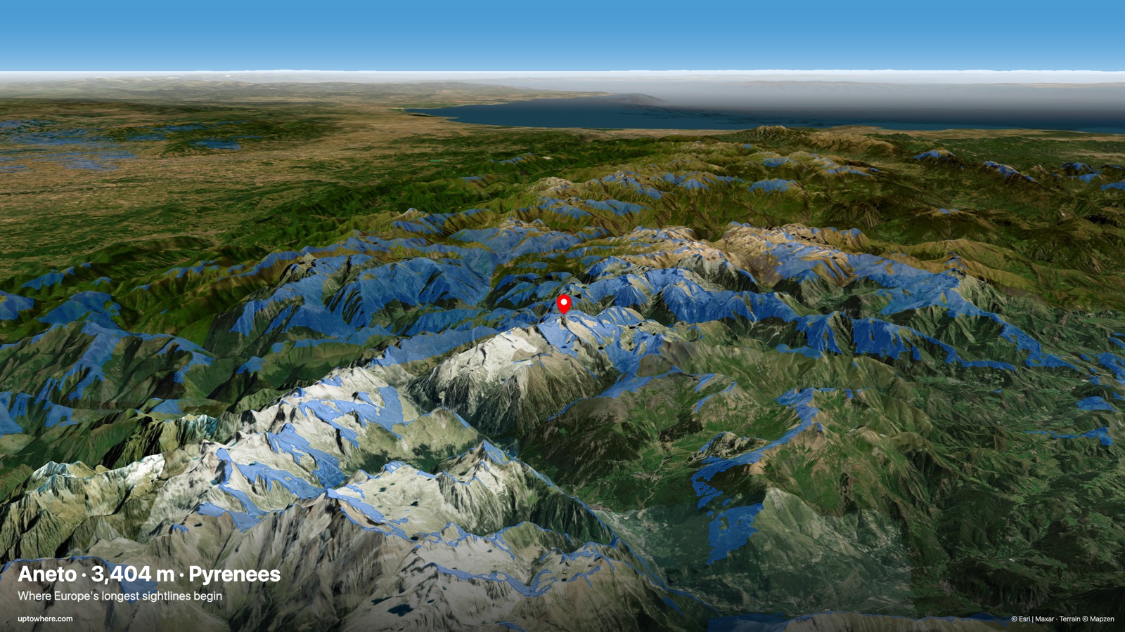 Terrain render of an extreme mountain-to-mountain sightline stretching across hundreds of kilometres