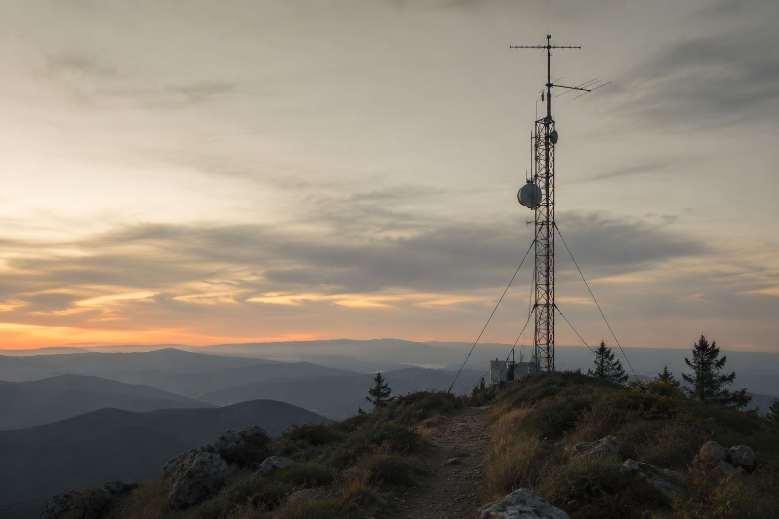 An antenna mast on a ridge at dusk with hills fading into the distance