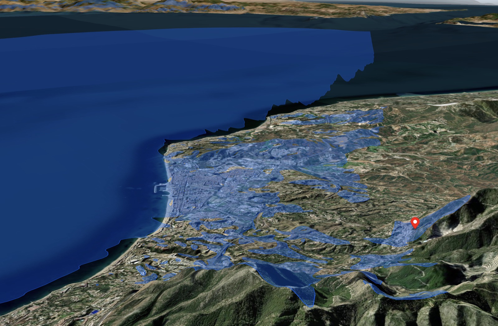 A hillside property above Mijas rendered in 3D, showing the visible-area drape cascading down the slope toward the coast
