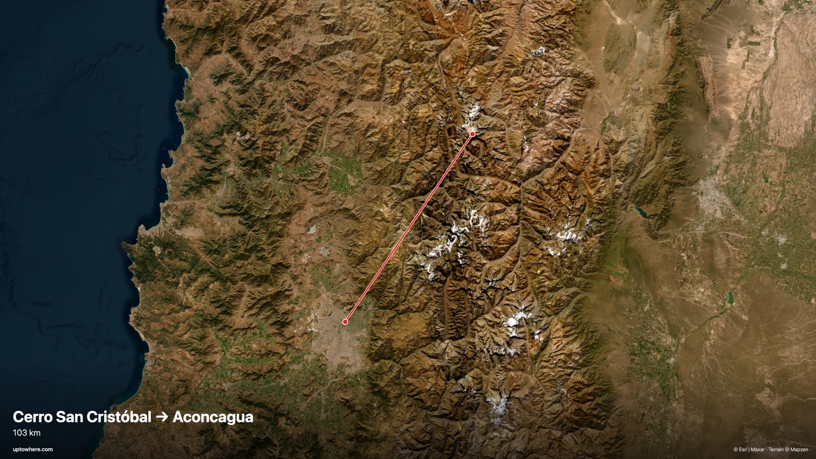Satellite map with the sightline from Cerro San Cristóbal, Santiago to Aconcagua drawn in red