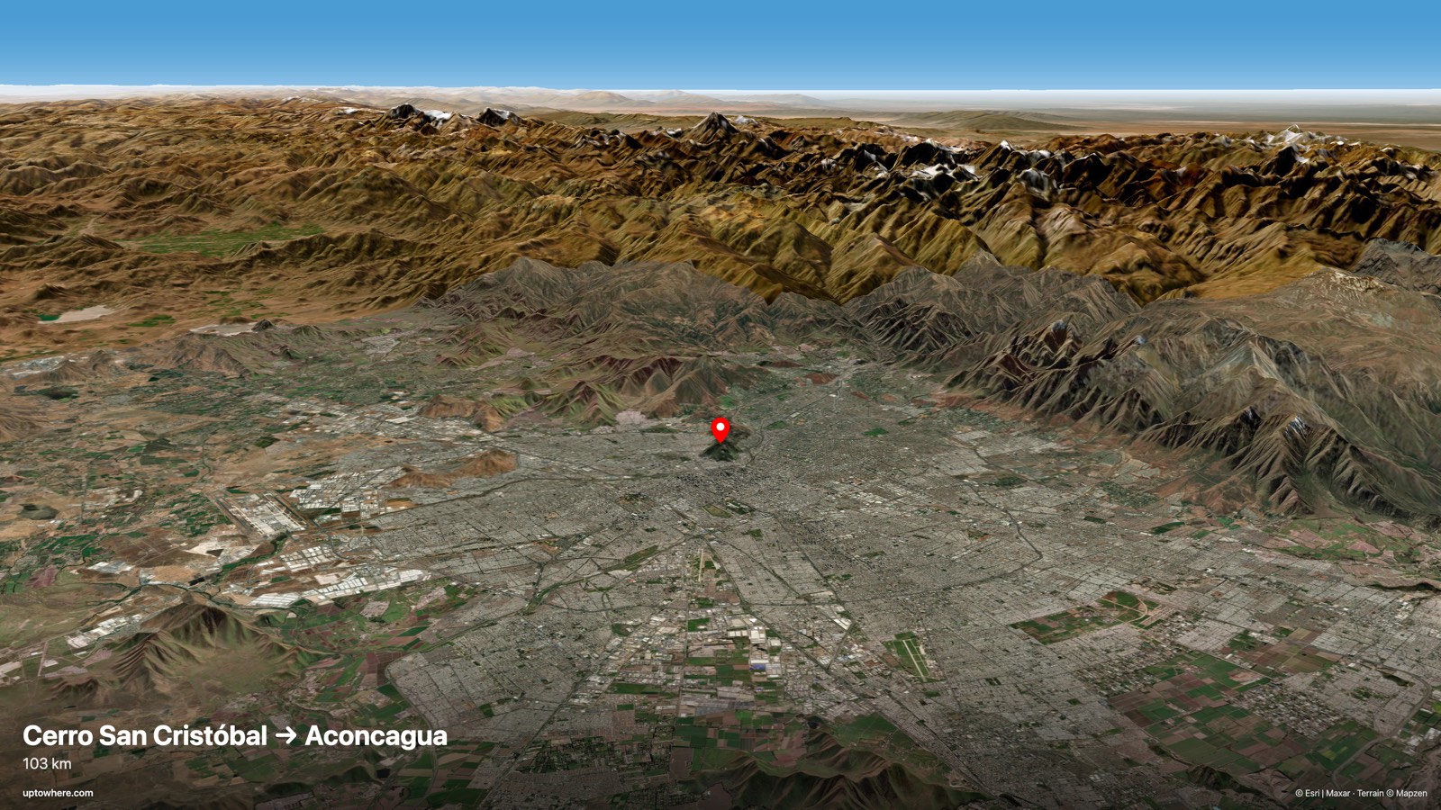 3D terrain view from Cerro San Cristóbal, Santiago toward Aconcagua