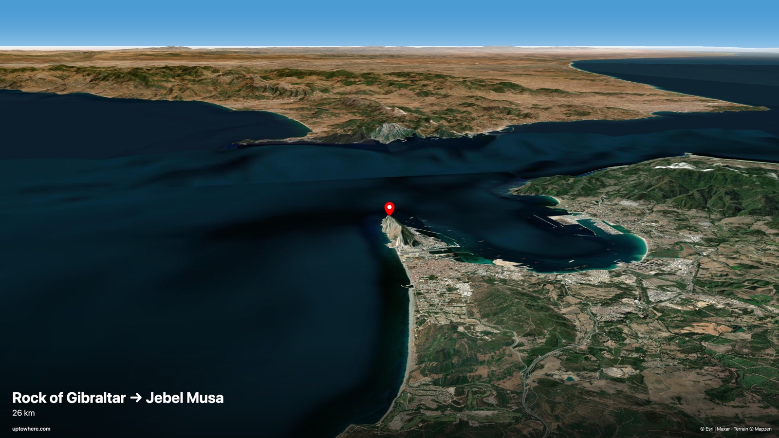 3D terrain view from the Rock of Gibraltar (O'Hara's Battery) toward Jebel Musa, Morocco
