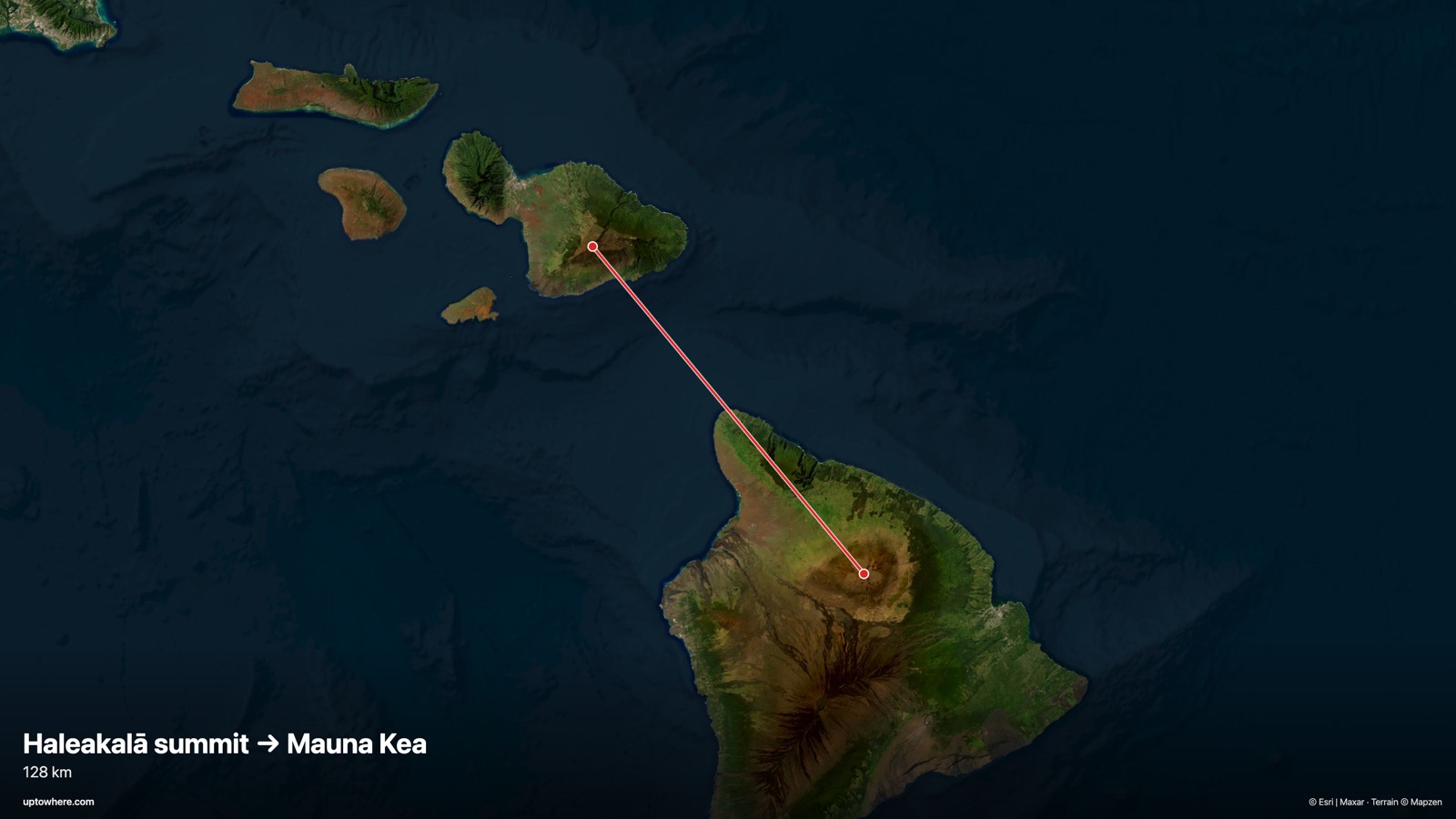 Mapa satelital con la línea de visión de la cumbre del Haleakalā, Maui a el Mauna Kea, isla de Hawái dibujada en rojo