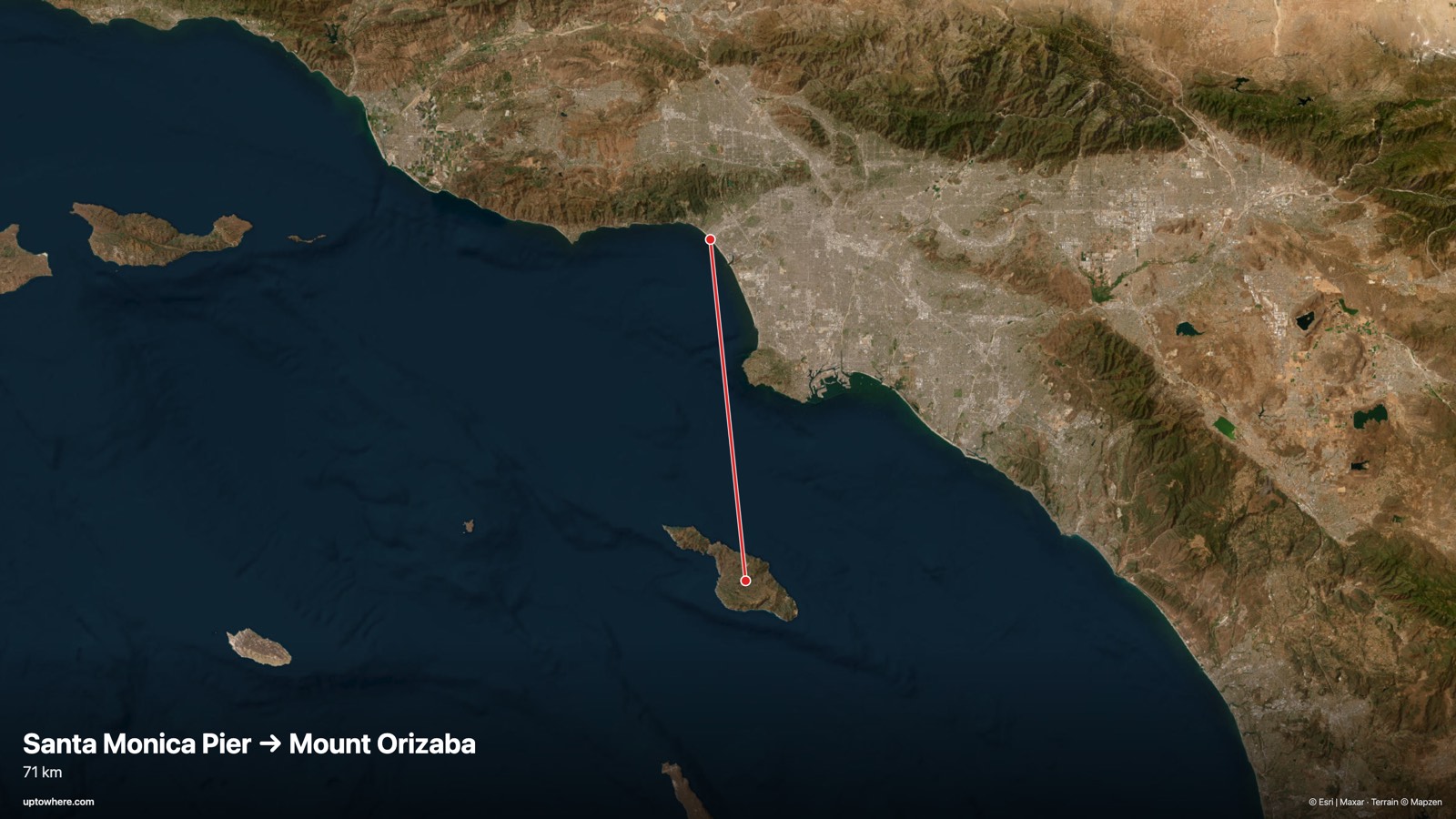 Satellite map with the sightline from Santa Monica Pier, Los Angeles to Mount Orizaba, Catalina Island drawn in red