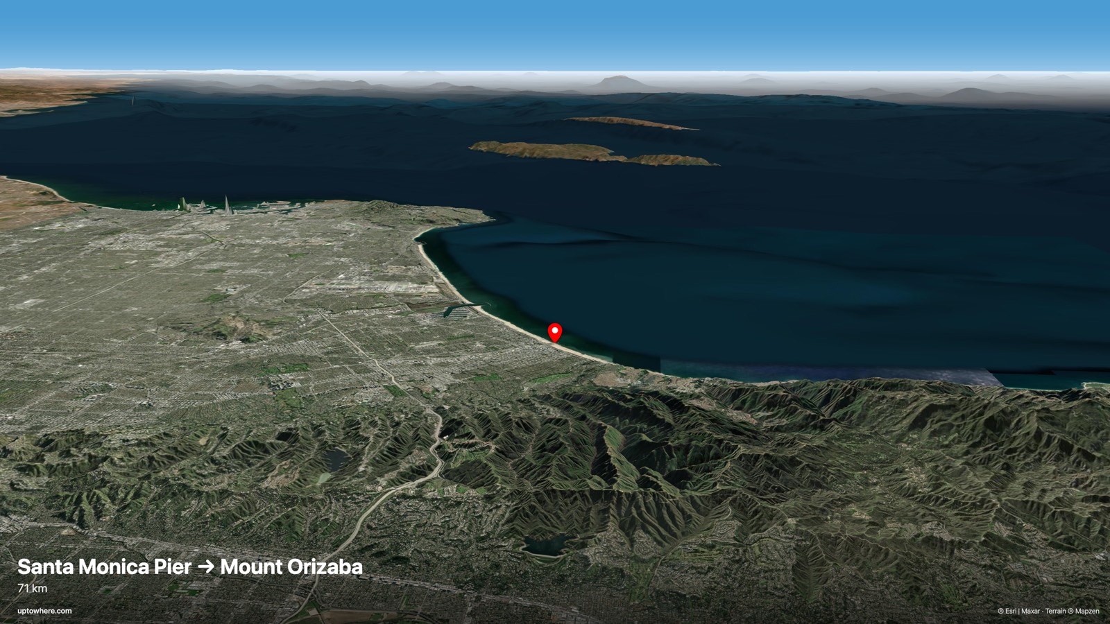3D terrain view from Santa Monica Pier, Los Angeles toward Mount Orizaba, Catalina Island