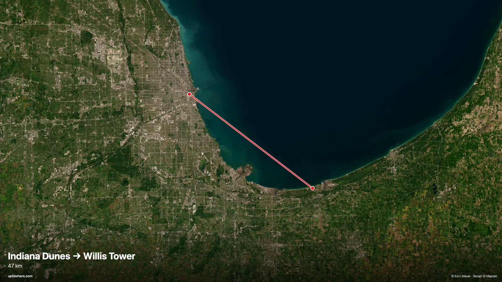 Mapa satelital con la línea de visión de las dunas de Indiana (West Beach) a la Torre Willis, Chicago dibujada en rojo