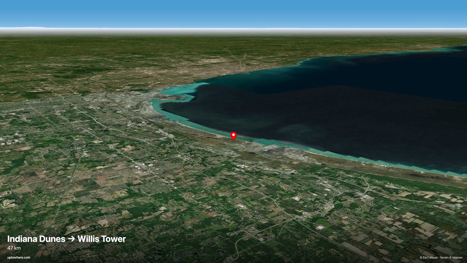 Vista 3D del terreno desde las dunas de Indiana (West Beach) hacia la Torre Willis, Chicago