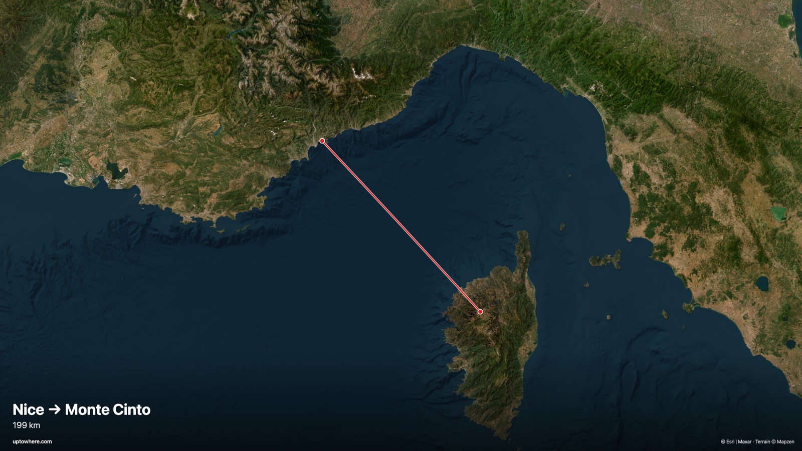 Satellite map with the sightline from Nice (Castle Hill) to Monte Cinto, Corsica drawn in red