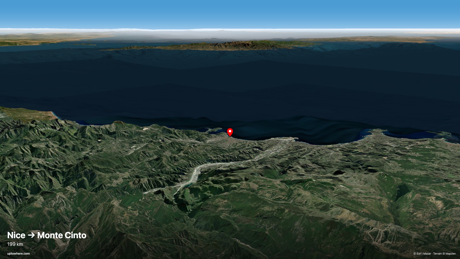 3D terrain view from Nice (Castle Hill) toward Monte Cinto, Corsica