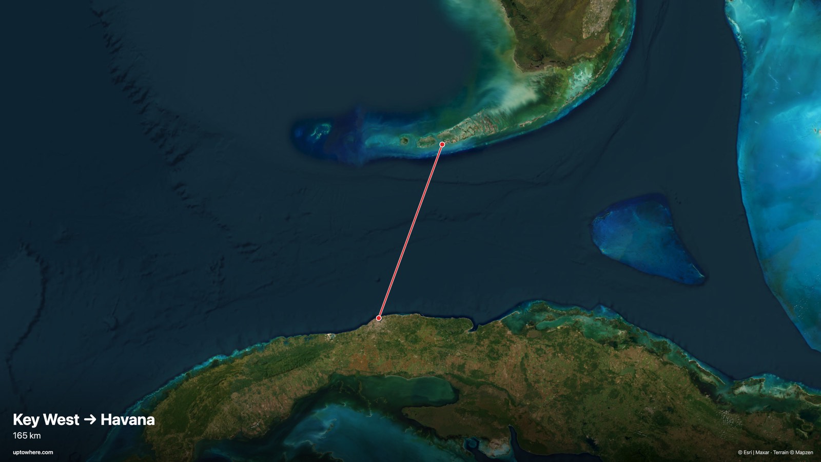 Satellite map with the sightline from Key West (Southernmost Point) to Havana (El Morro lighthouse) drawn in red