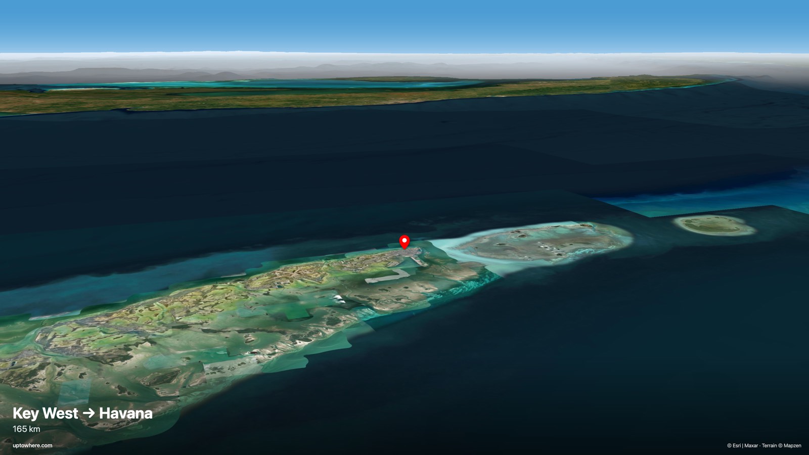 3D terrain view from Key West (Southernmost Point) toward Havana (El Morro lighthouse)