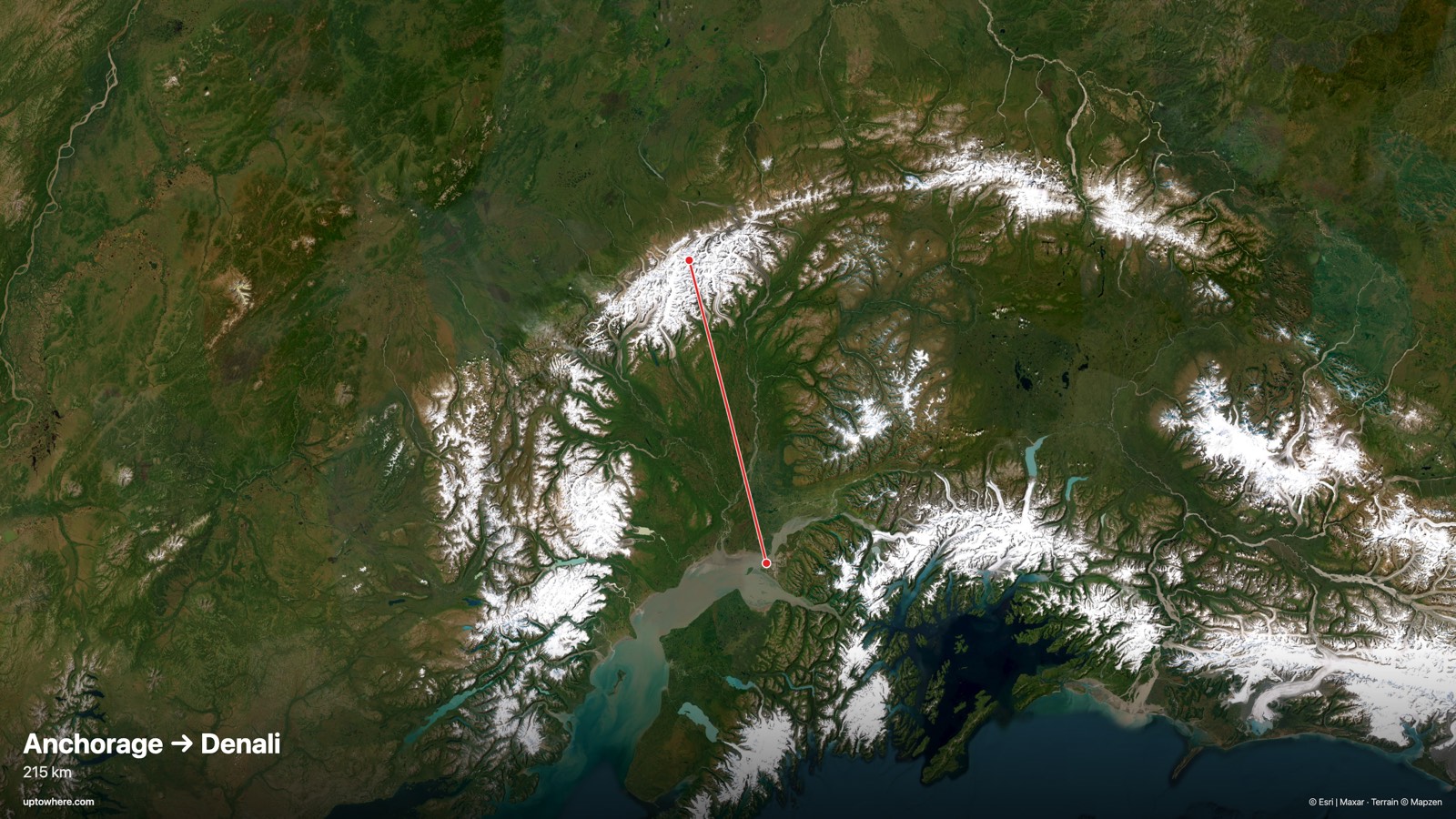 Satellite map with the sightline from Anchorage (Point Woronzof) to Denali drawn in red