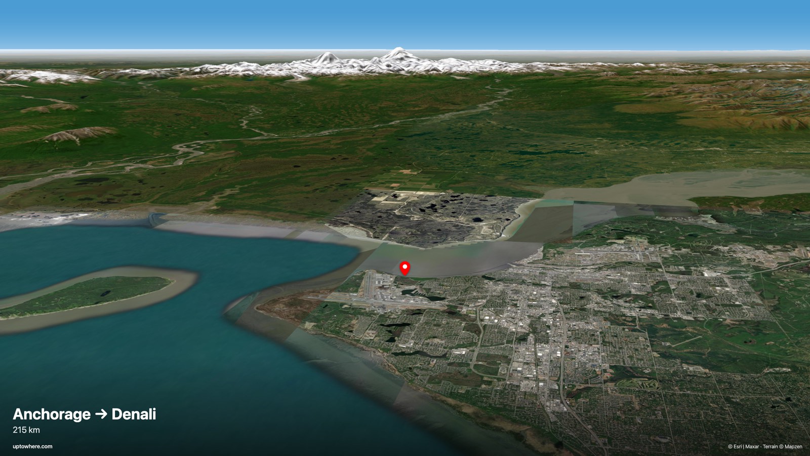 3D terrain view from Anchorage (Point Woronzof) toward Denali