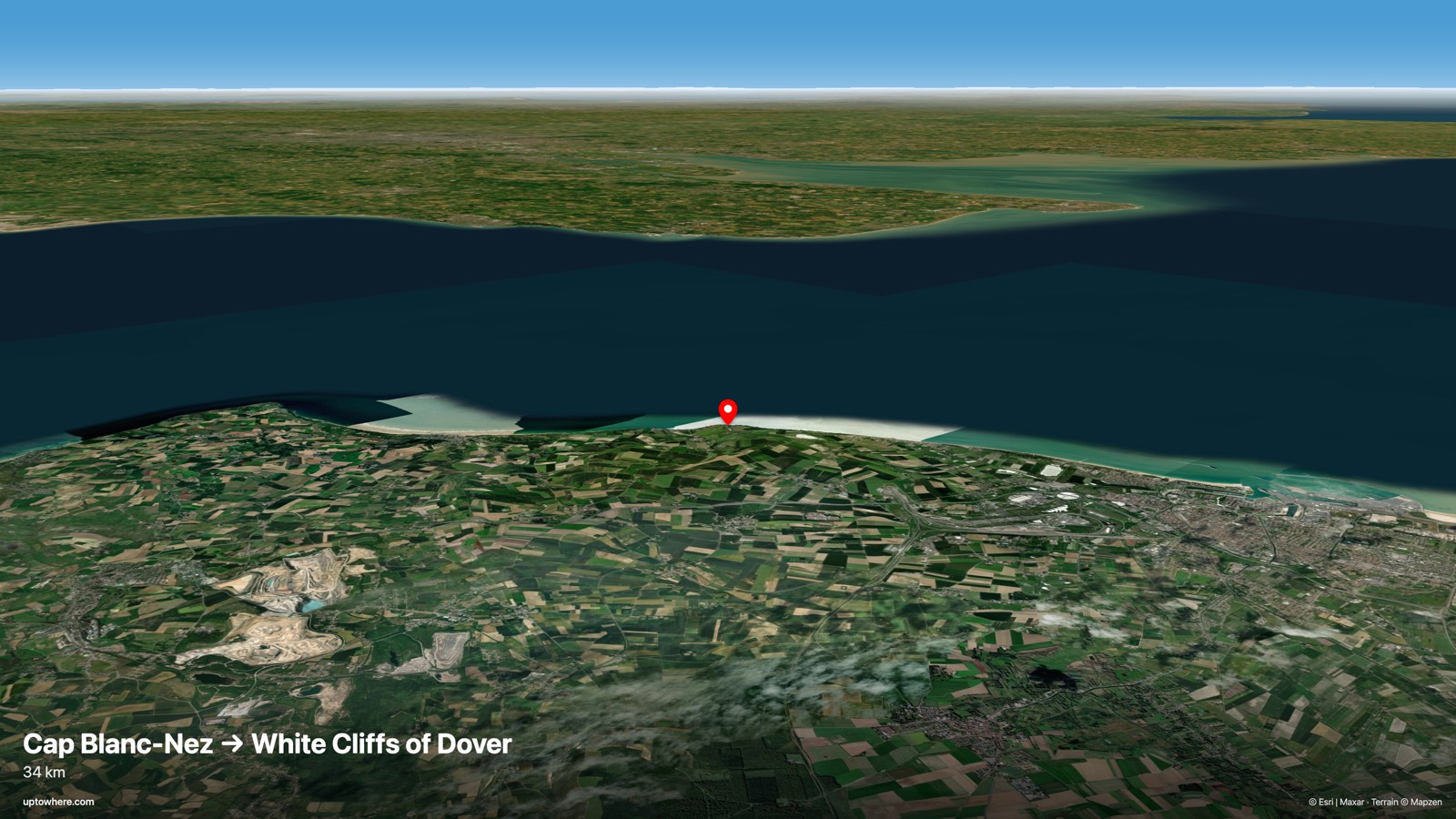 3D terrain view from Cap Blanc-Nez, France toward the White Cliffs of Dover