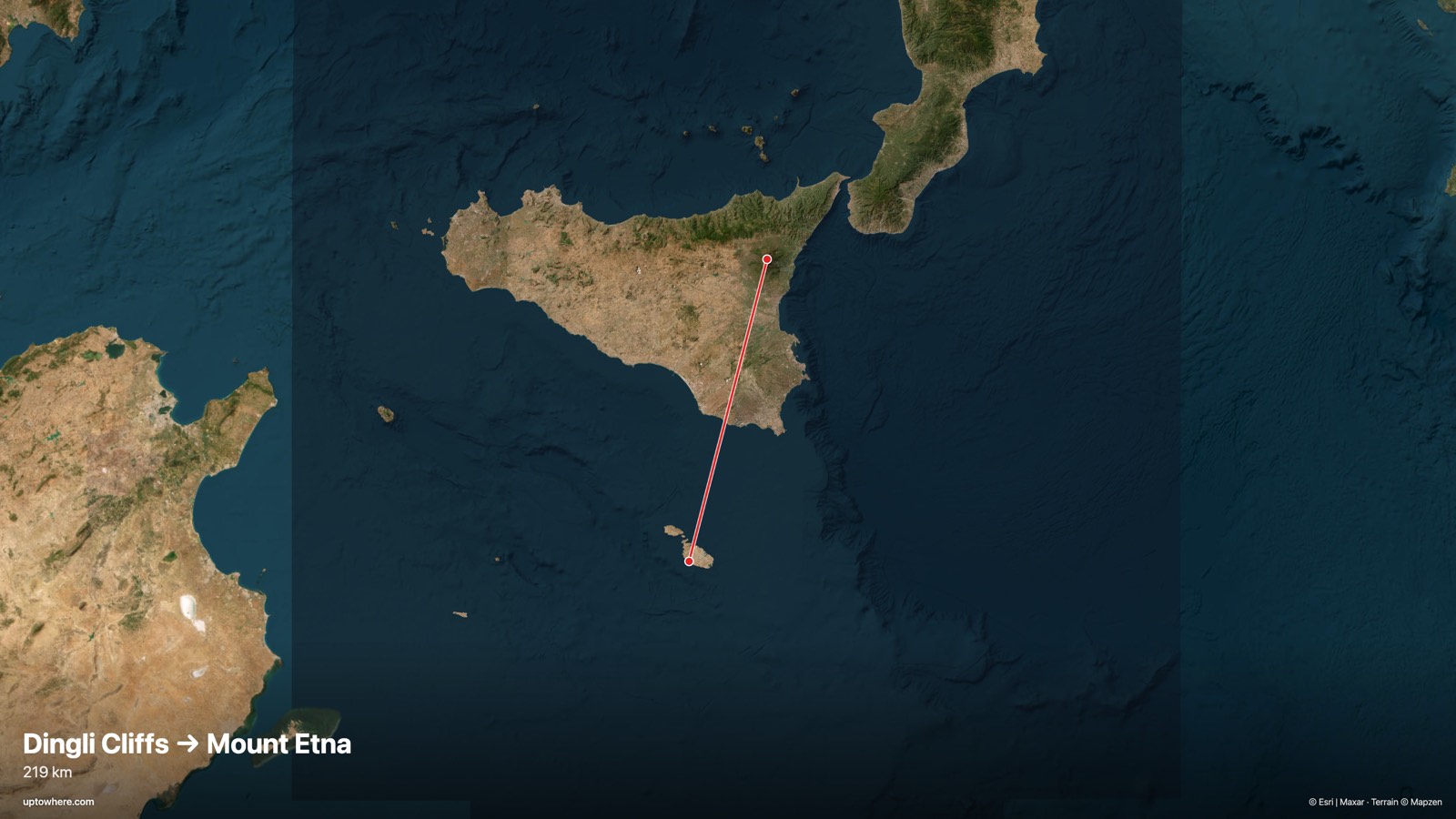Satellite map with the sightline from the Dingli Cliffs, Malta to Mount Etna, Sicily drawn in red