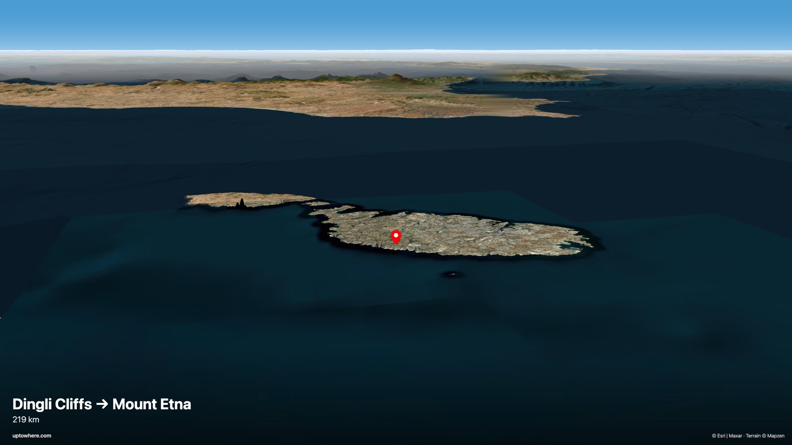 3D terrain view from the Dingli Cliffs, Malta toward Mount Etna, Sicily