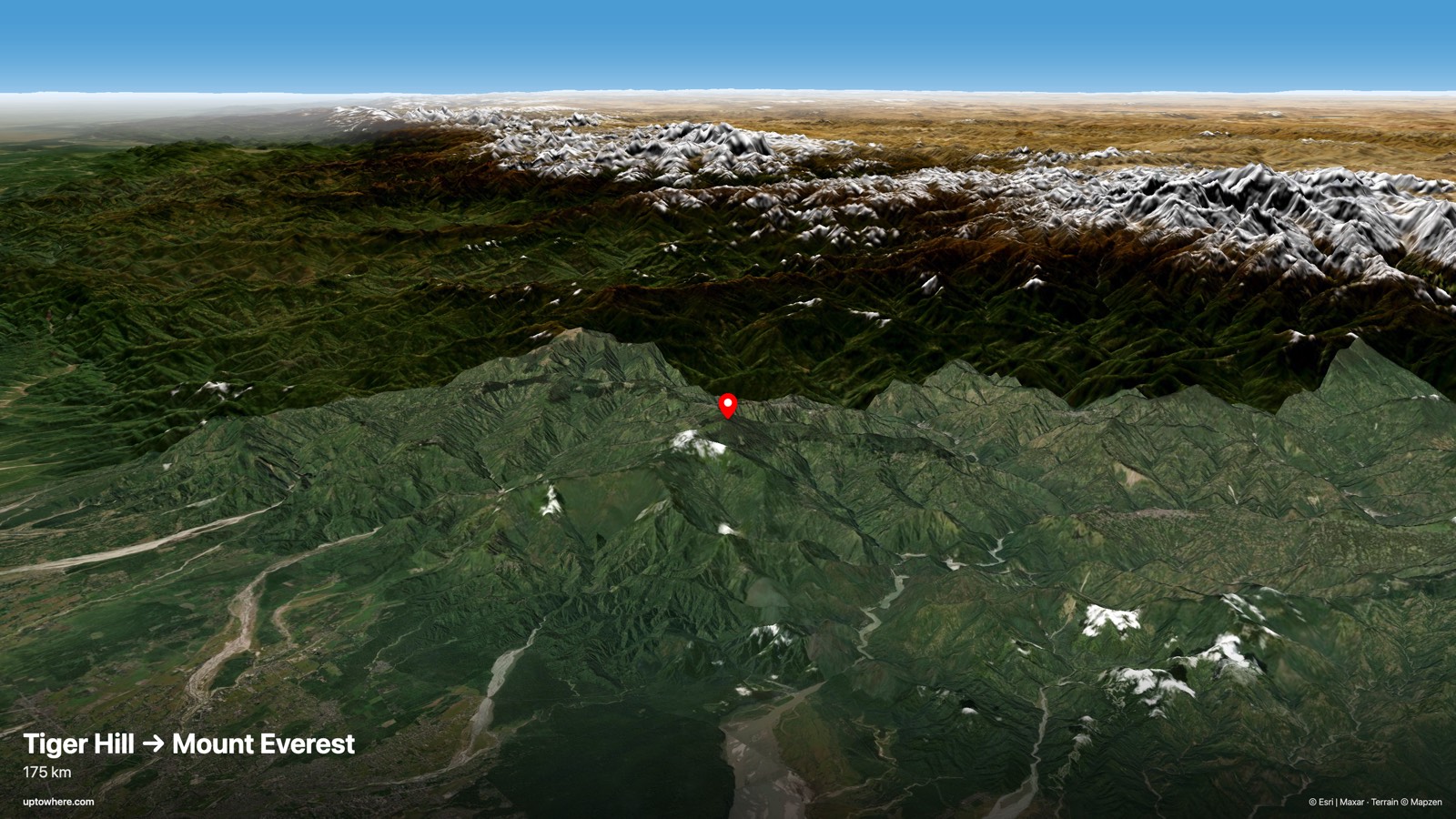 3D terrain view from Tiger Hill, Darjeeling toward Mount Everest