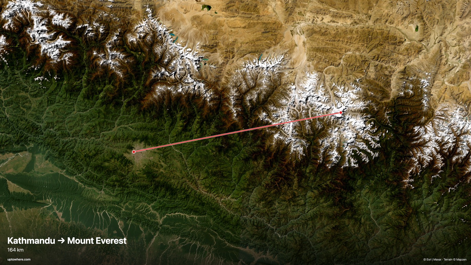 Satellite map with the sightline from Kathmandu (Swayambhunath) to Mount Everest drawn in red