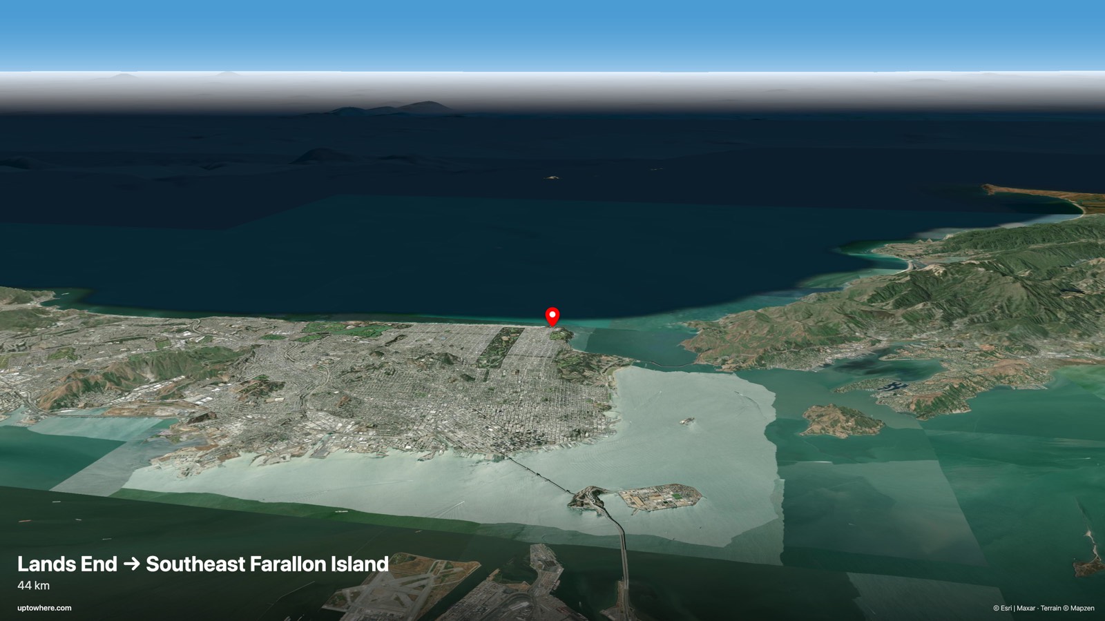 3D terrain view from Lands End, San Francisco toward Southeast Farallon Island