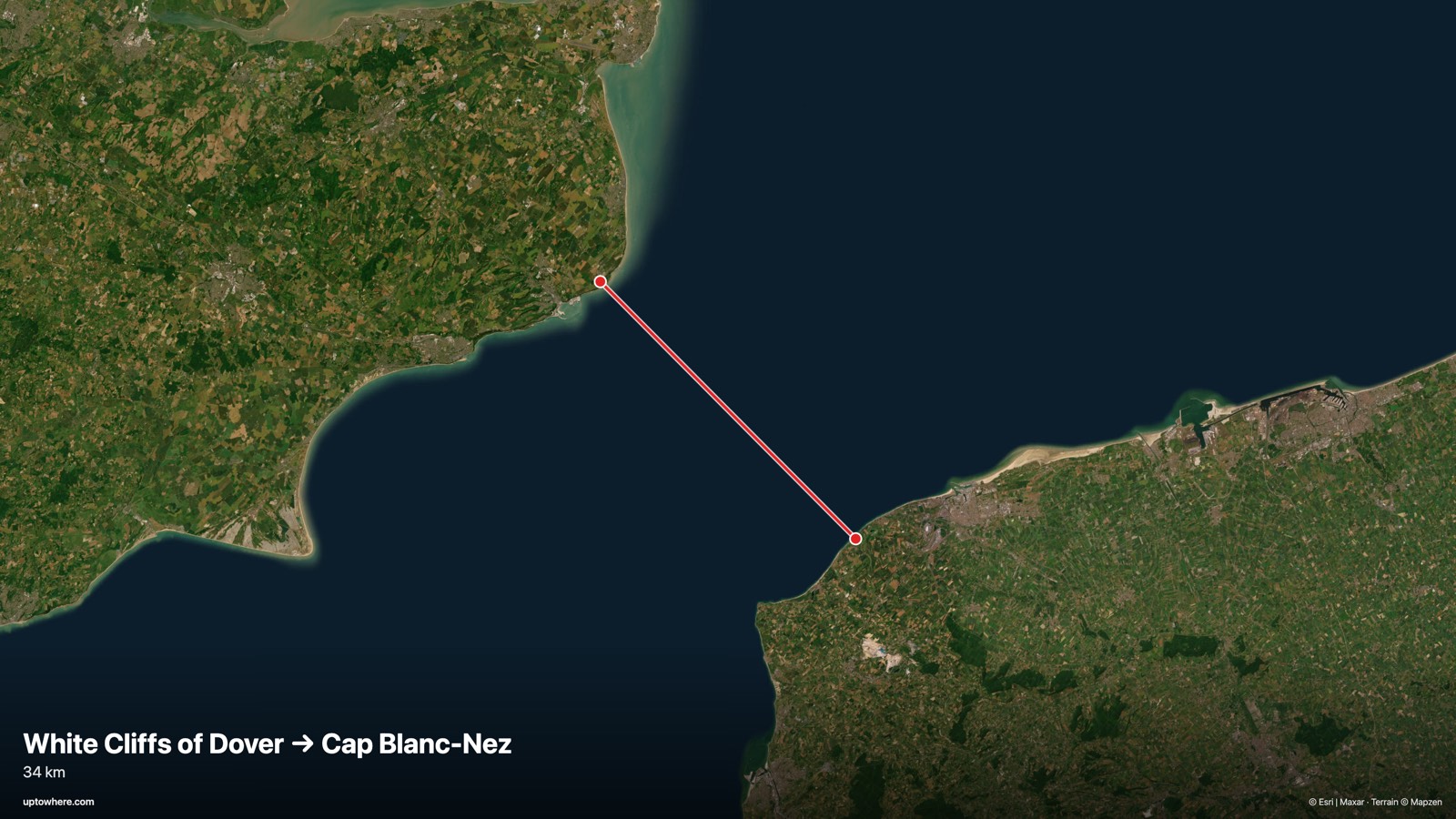 Satellite map with the sightline from the White Cliffs of Dover to Cap Blanc-Nez, France drawn in red