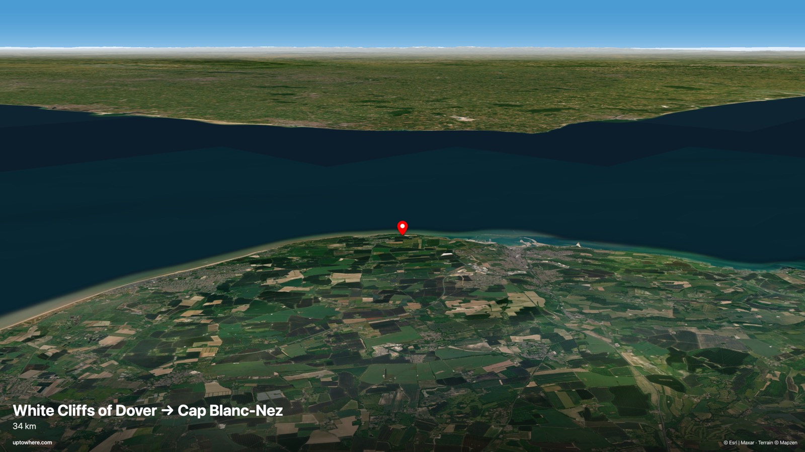 3D terrain view from the White Cliffs of Dover toward Cap Blanc-Nez, France