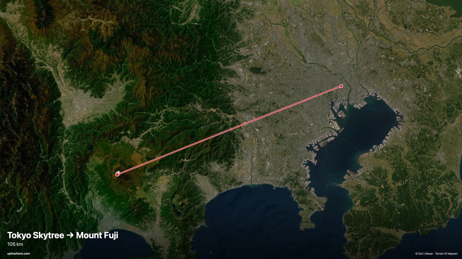 Satellite map with the sightline from Tokyo Skytree to Mount Fuji drawn in red