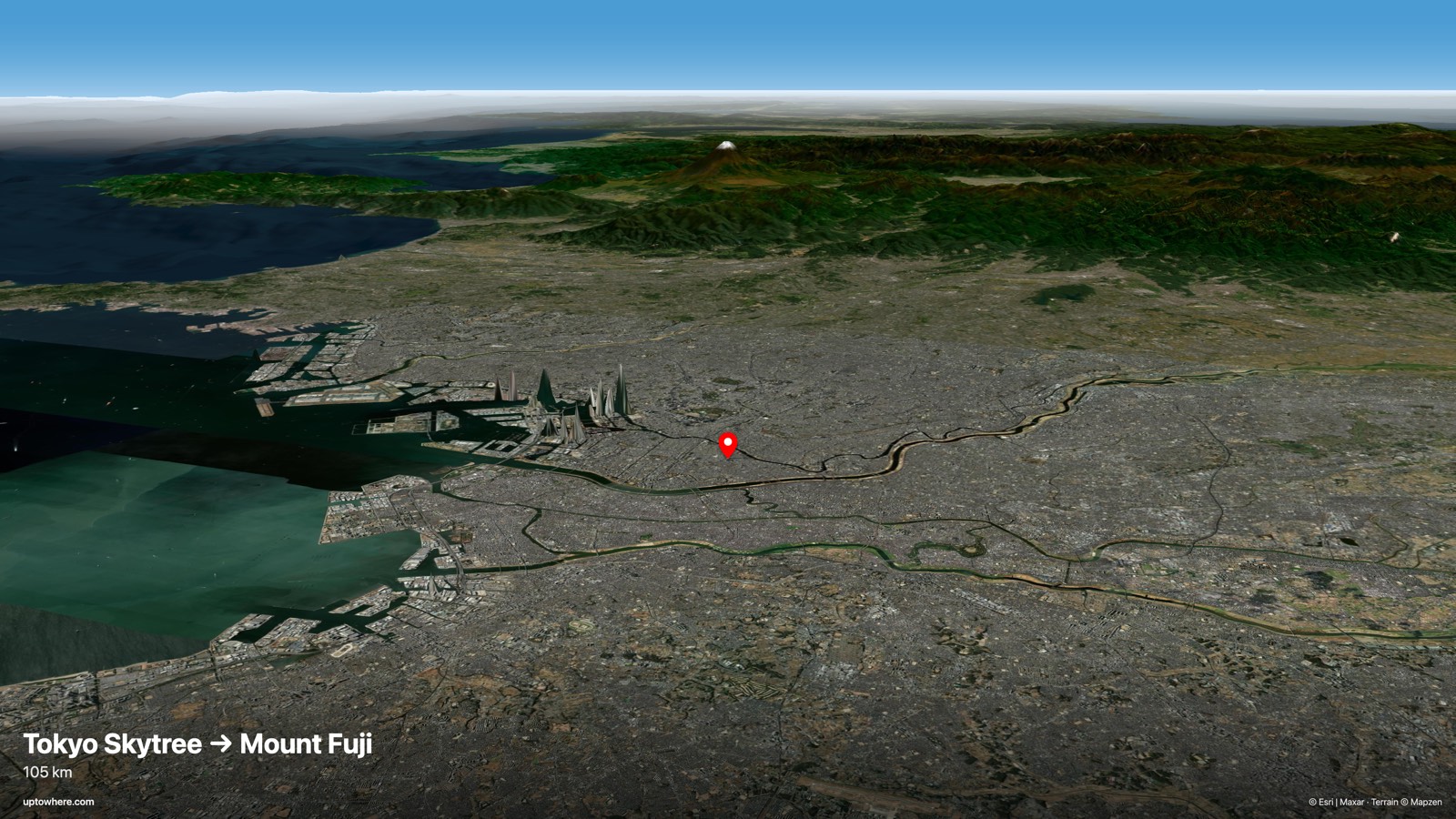 3D terrain view from Tokyo Skytree toward Mount Fuji