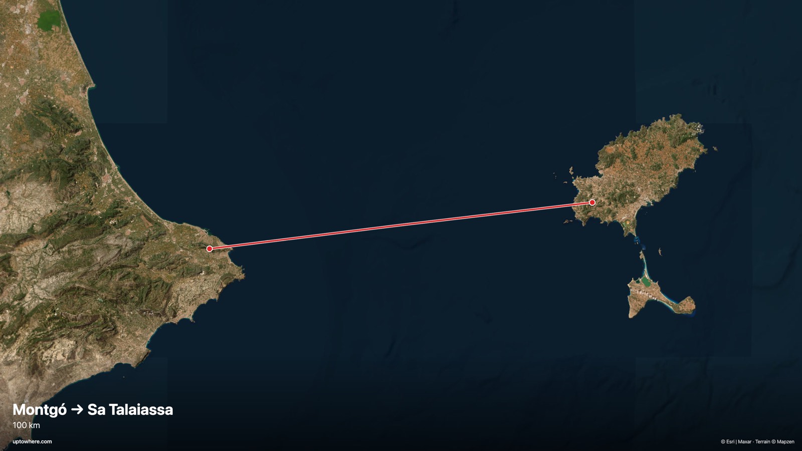 Satellite map with the sightline from Montgó, Dénia to Sa Talaiassa, Ibiza drawn in red
