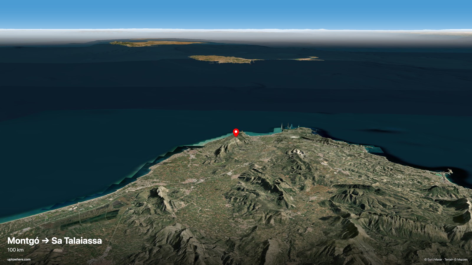 3D terrain view from Montgó, Dénia toward Sa Talaiassa, Ibiza
