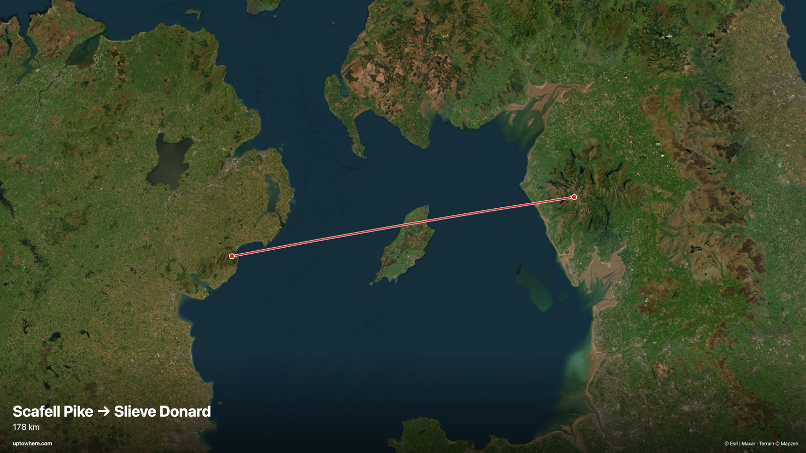Mapa satelital con la línea de visión de el Scafell Pike, Inglaterra a el Slieve Donard, Irlanda del Norte dibujada en rojo