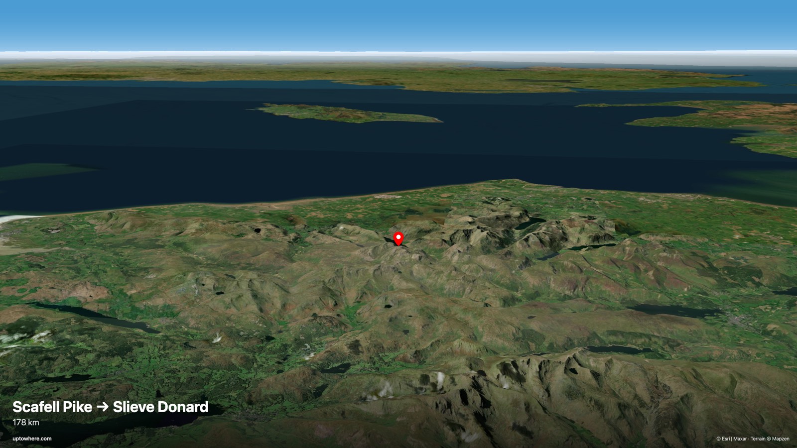Vista 3D del terreno desde el Scafell Pike, Inglaterra hacia el Slieve Donard, Irlanda del Norte