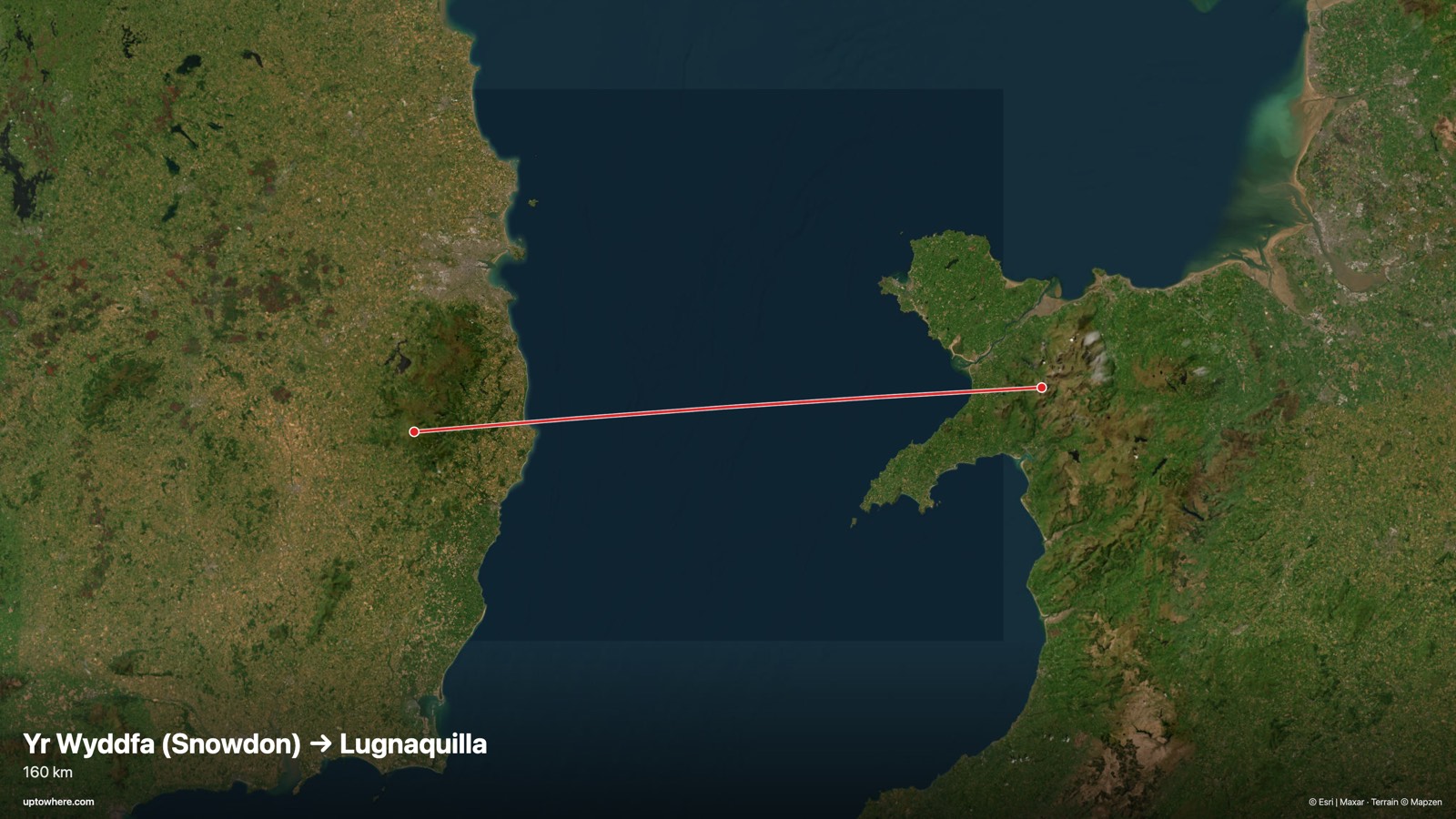 Satellite map with the sightline from Yr Wyddfa (Snowdon), Wales to Lugnaquilla, Ireland drawn in red