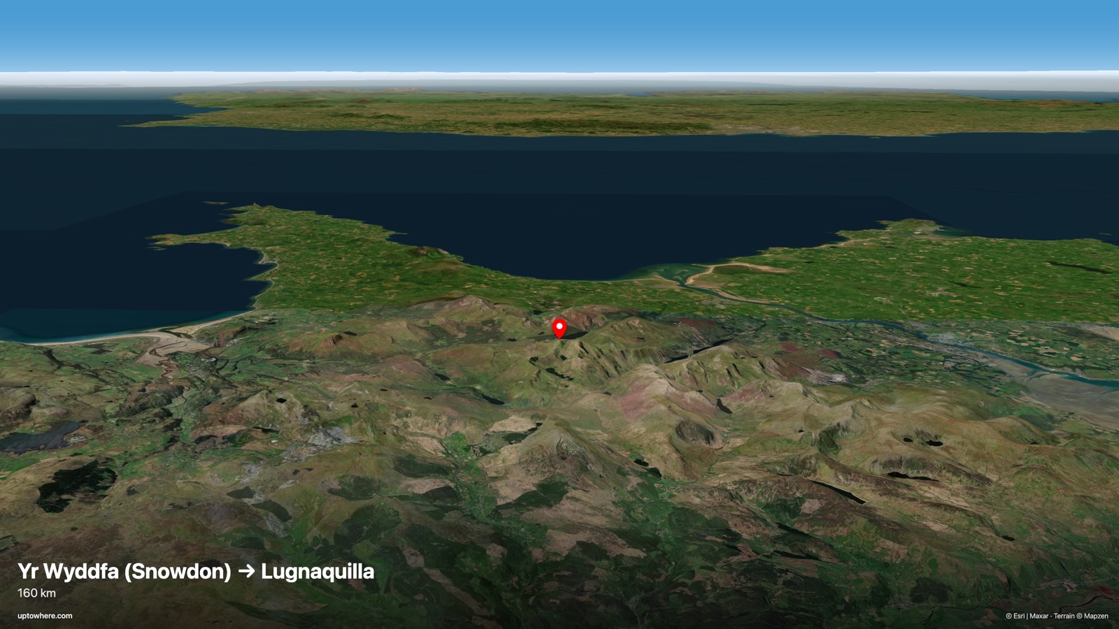 3D terrain view from Yr Wyddfa (Snowdon), Wales toward Lugnaquilla, Ireland