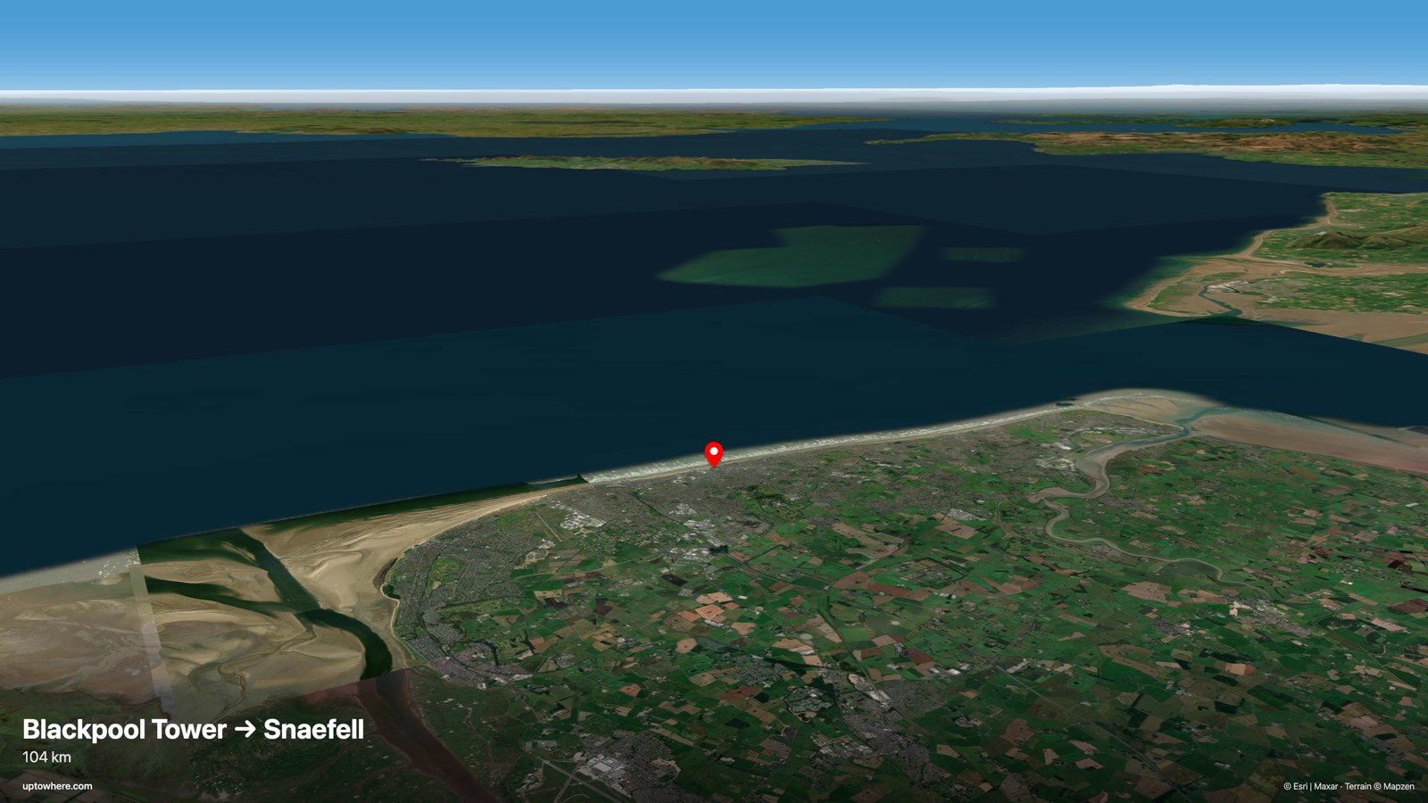 3D terrain view from Blackpool Tower toward Snaefell, Isle of Man
