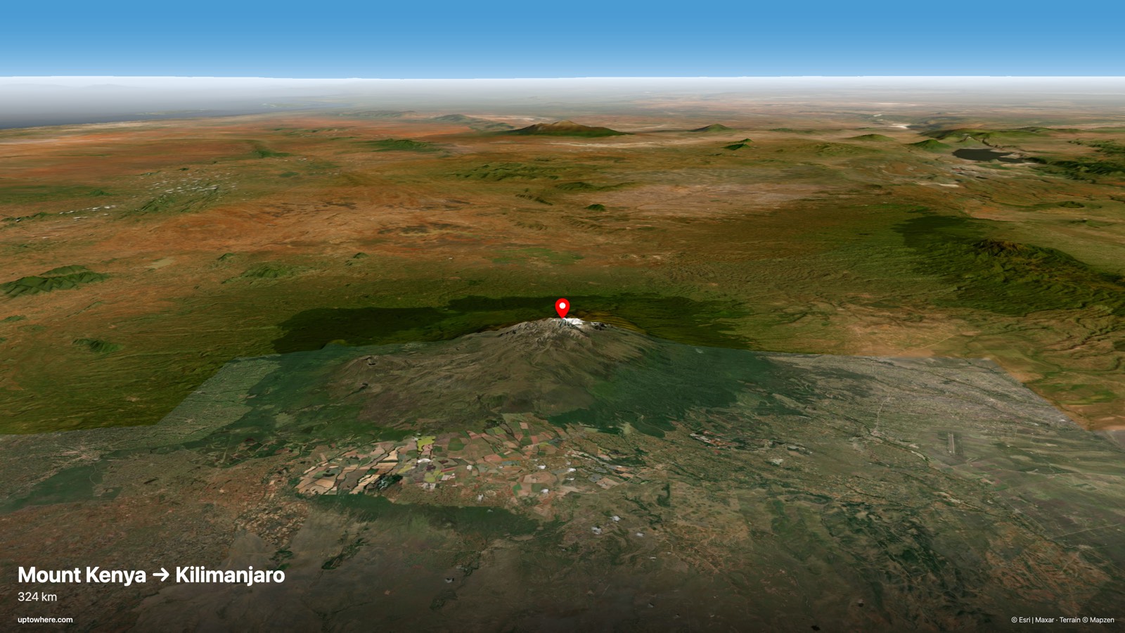 Vista 3D del terreno desde el monte Kenia (Batian) hacia el Kilimanjaro