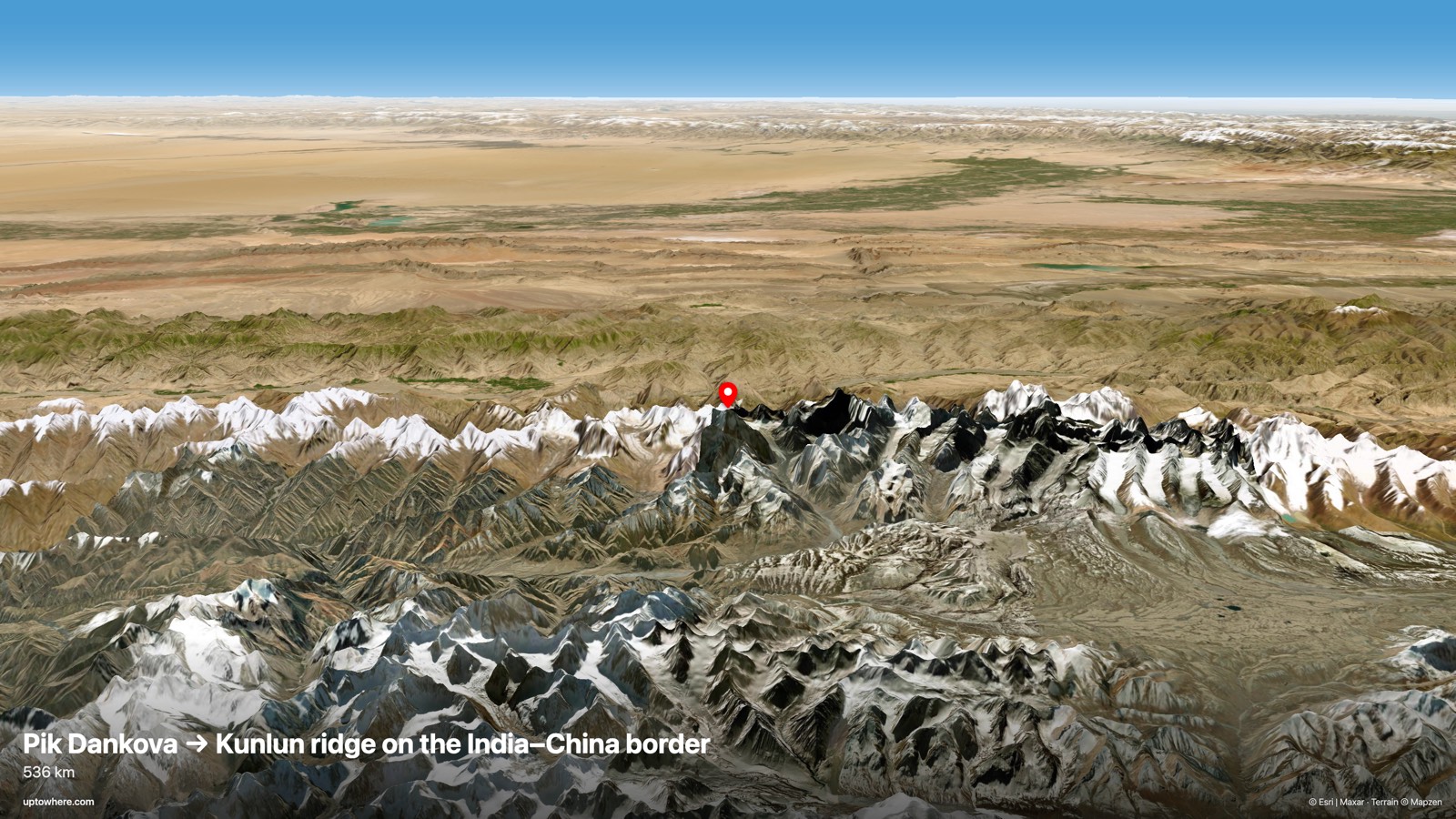 3D terrain view from Pik Dankova, Tian Shan toward the Kunlun ridge on the India–China border