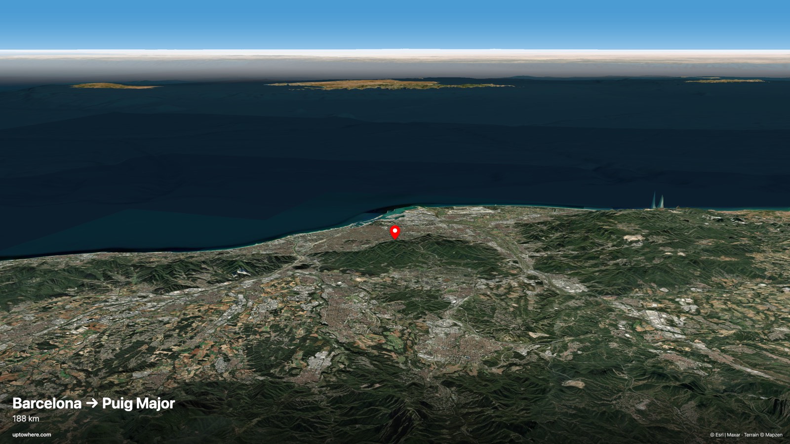3D terrain view from Barcelona (Tibidabo) toward Puig Major, Mallorca