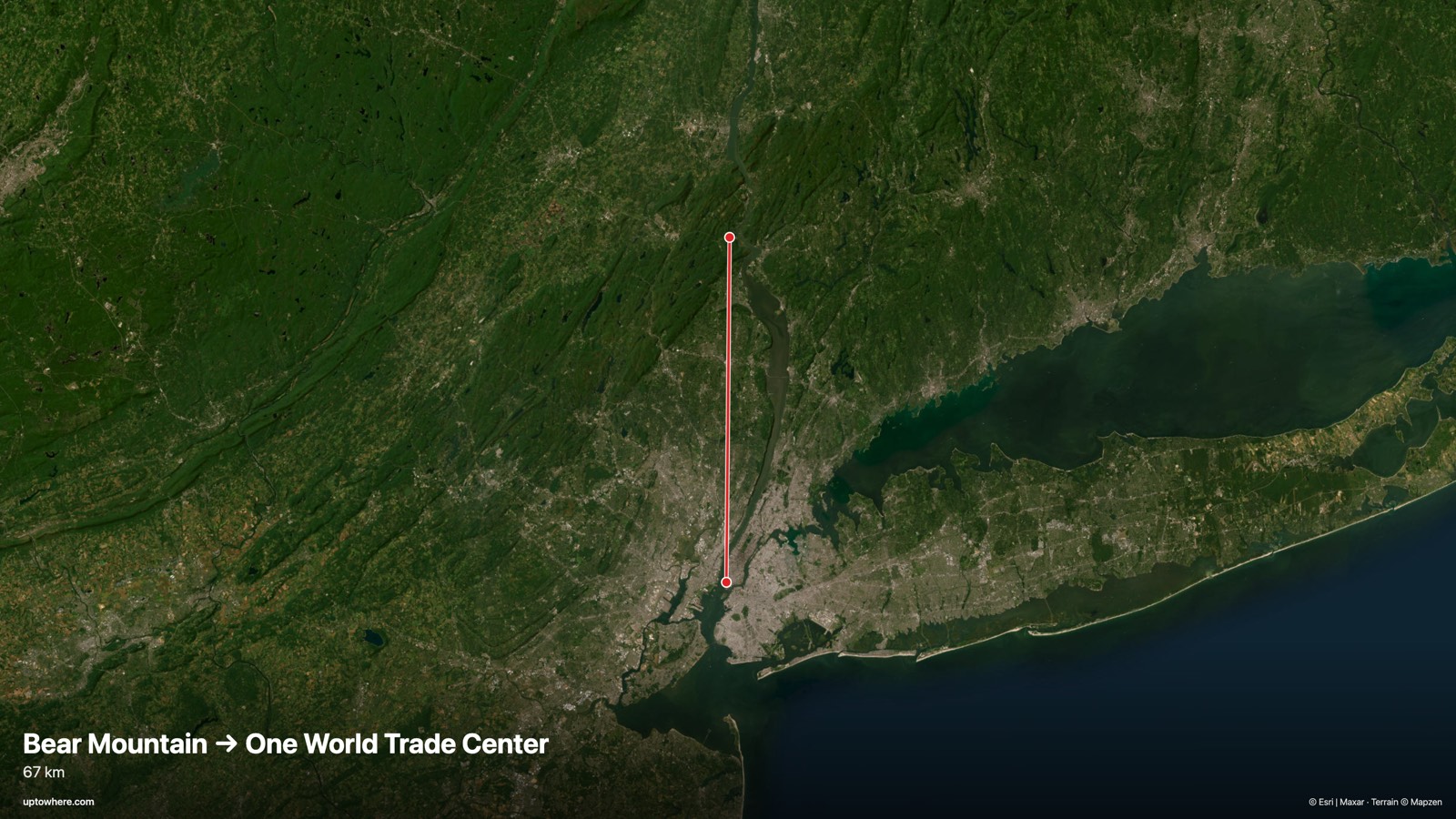 Satellite map with the sightline from Bear Mountain, New York to One World Trade Center drawn in red