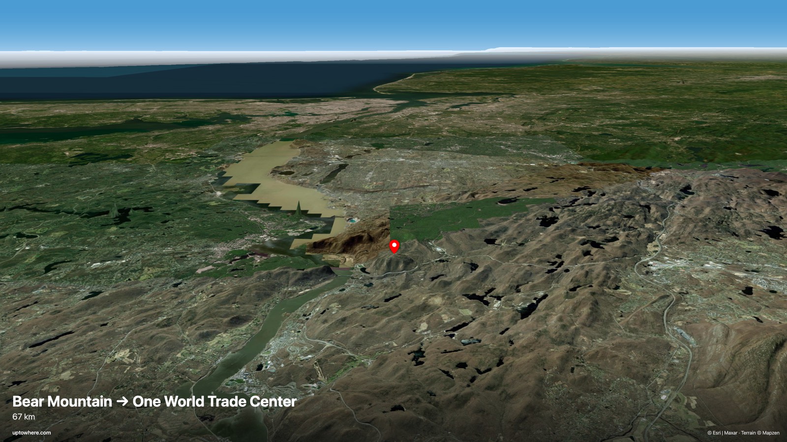 3D terrain view from Bear Mountain, New York toward One World Trade Center
