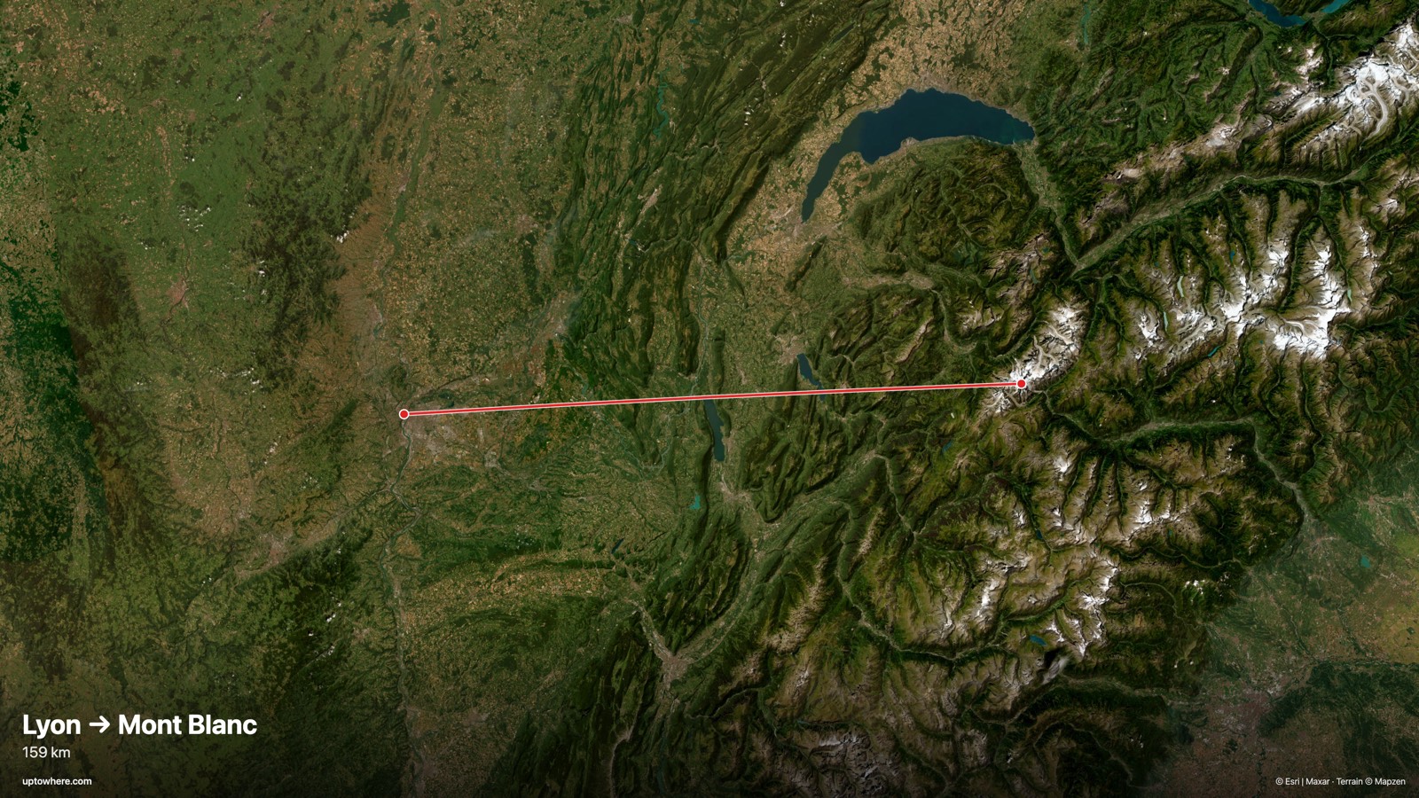 Satellite map with the sightline from Lyon (Fourvière) to Mont Blanc drawn in red