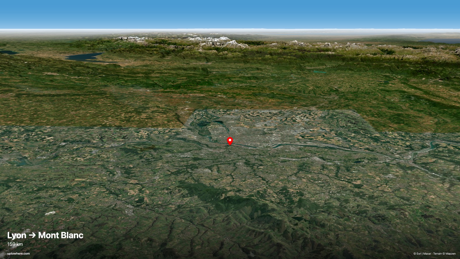 3D terrain view from Lyon (Fourvière) toward Mont Blanc