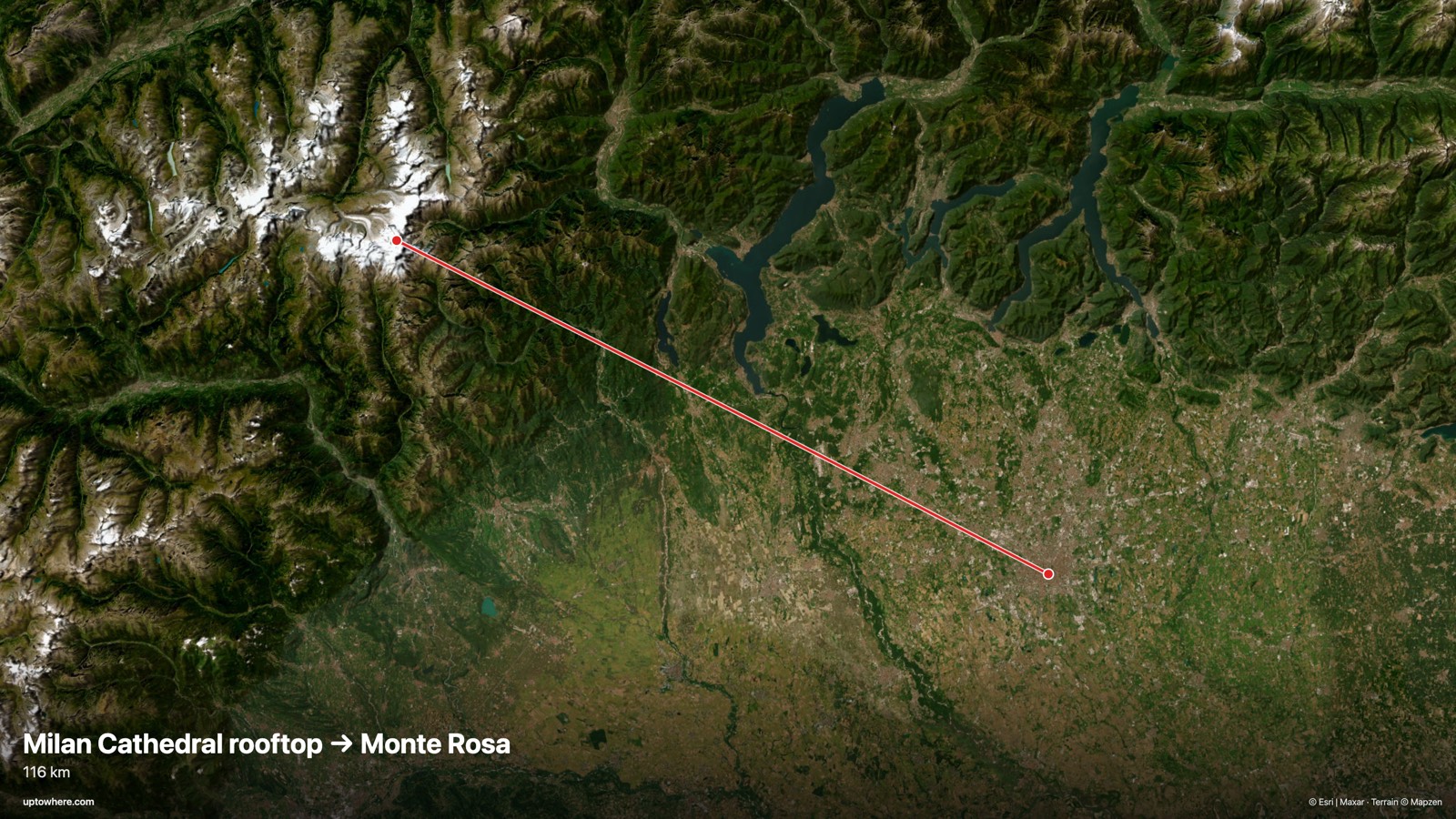 Satellite map with the sightline from Milan Cathedral rooftop to Monte Rosa (Dufourspitze) drawn in red