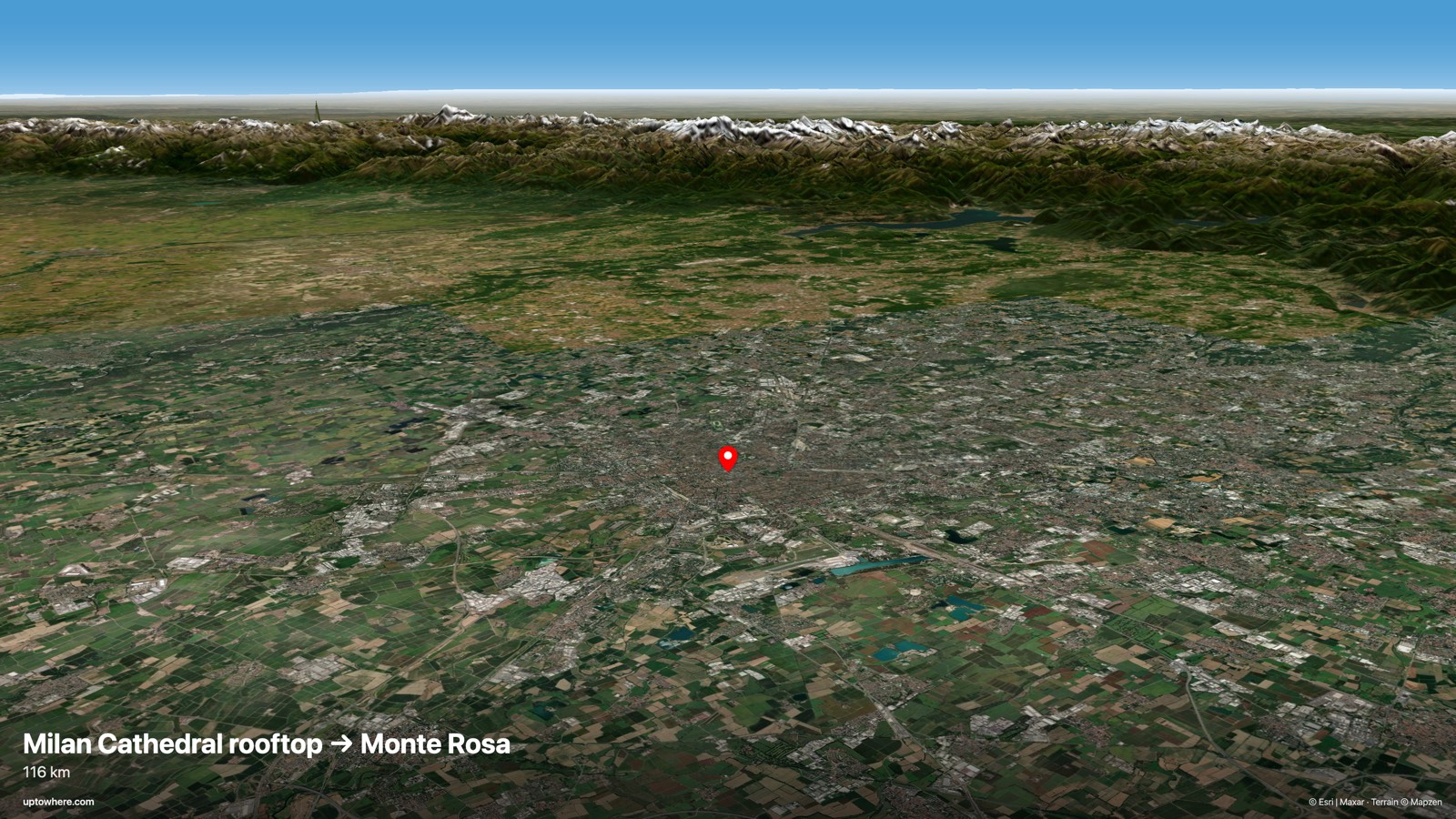 3D terrain view from Milan Cathedral rooftop toward Monte Rosa (Dufourspitze)