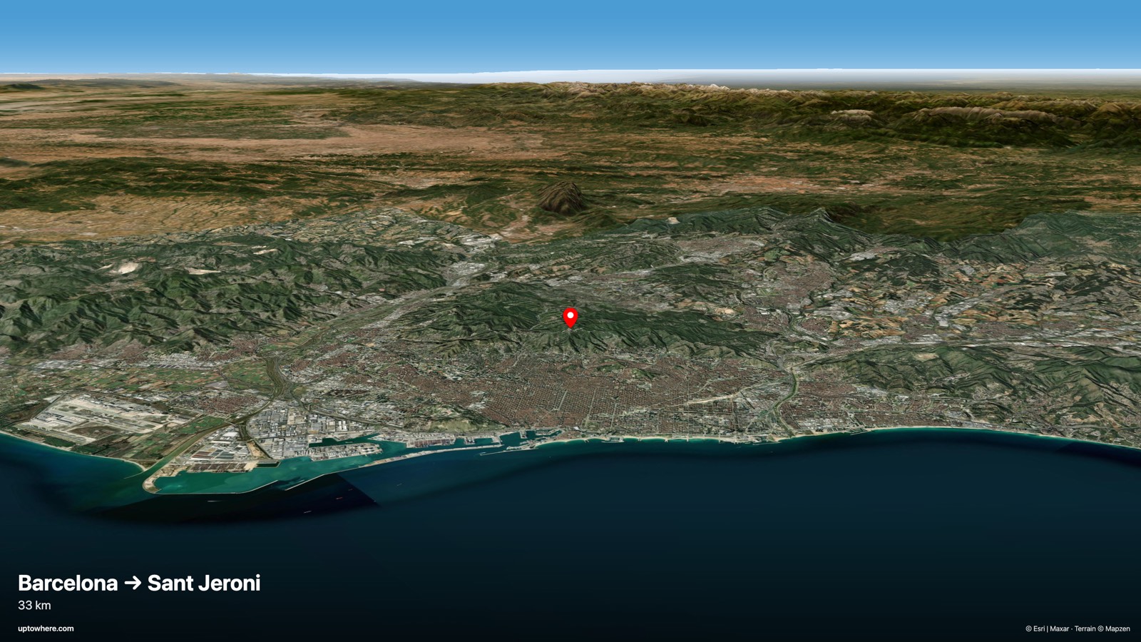 Vista 3D del terreno desde Barcelona (Tibidabo) hacia Sant Jeroni, Montserrat