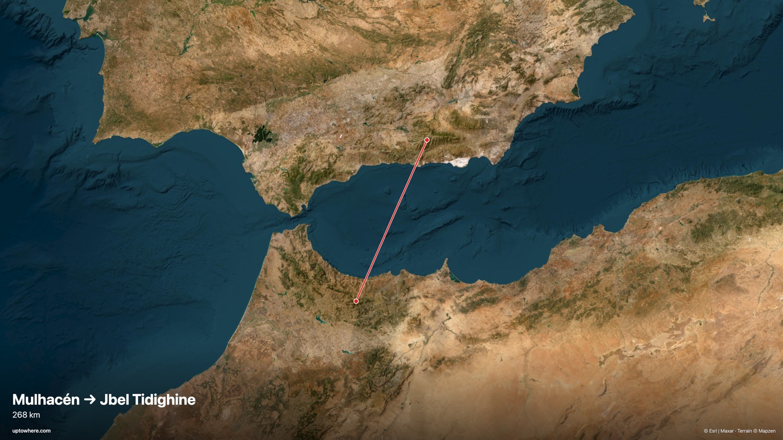 Satellite map with the sightline from Mulhacén, Sierra Nevada to Jbel Tidighine, Rif Mountains drawn in red