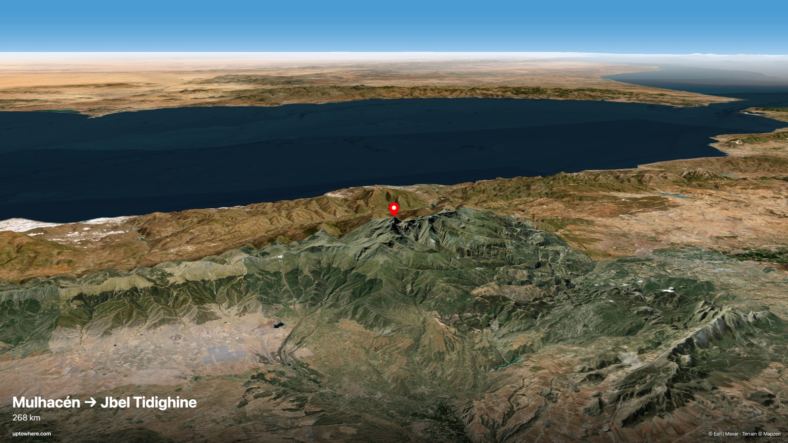 3D terrain view from Mulhacén, Sierra Nevada toward Jbel Tidighine, Rif Mountains
